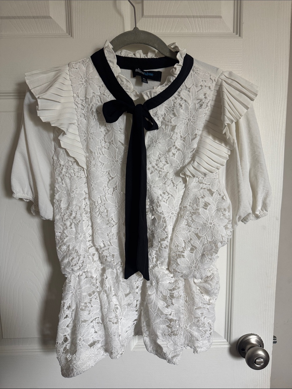 Alice Blue White Lace Blouse with Black Tie